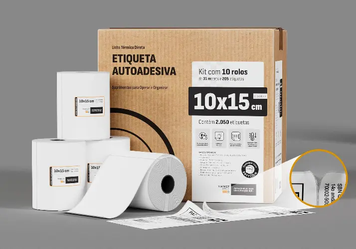 Etiqueta térmica 10x15 cm (100x150 mm), caixa com 10 rolos serrilhados