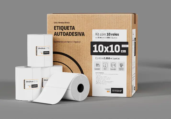 Etiqueta térmica 10x10 cm (100x100 mm), caixa com 10 rolos