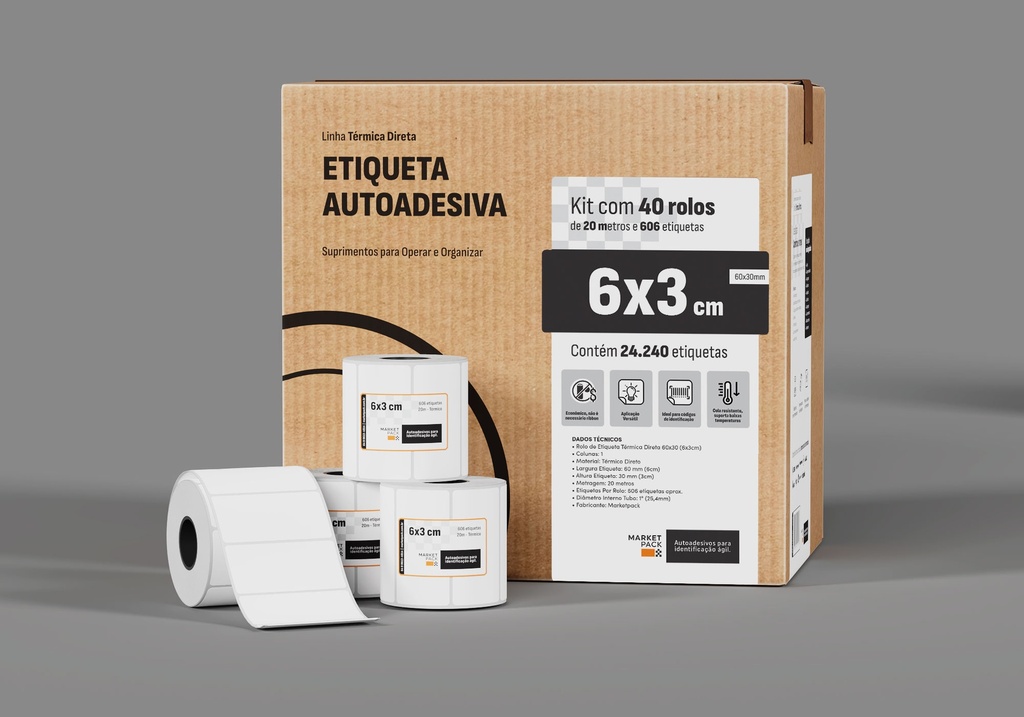 Etiqueta térmica 6x3 cm (60x30 mm), caixa com 40 rolos